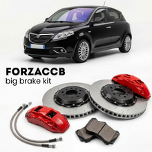 Black Lancia Ypsilon 846, facelift 2015 (2015-2018) shown above a ForzaCCB iron rotor big brake kit with 2x red 6-piston front calipers, 2x two-piece floating ventilated brake discs 380 mm, set of brake pads, and brake lines.