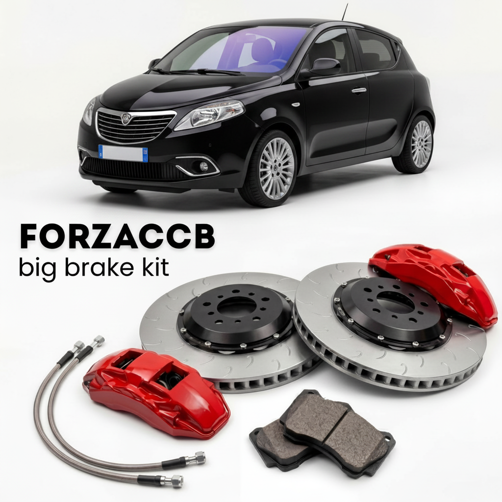 Black Lancia Ypsilon 846, facelift 2015 (2015-2018) shown above a ForzaCCB iron rotor big brake kit with 2x red 6-piston front calipers, 2x two-piece floating ventilated brake discs 380 mm, set of brake pads, and brake lines.