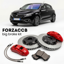 Black Lancia Ypsilon L21 (2024+) shown above a ForzaCCB iron rotor big brake kit with 2x red 6-piston front calipers, 2x two-piece floating ventilated brake discs 380 mm, set of brake pads, and brake lines.