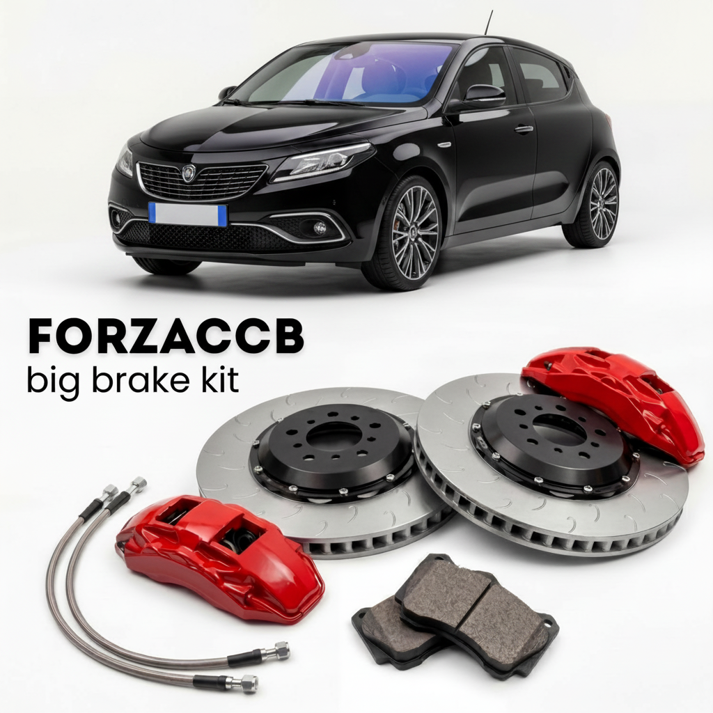 Black Lancia Ypsilon L21 (2024+) shown above a ForzaCCB iron rotor big brake kit with 2x red 6-piston front calipers, 2x two-piece floating ventilated brake discs 380 mm, set of brake pads, and brake lines.