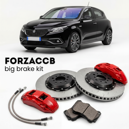 Black Lancia Ypsilon L21 (2024+) shown above a ForzaCCB iron rotor big brake kit with 2x red 6-piston front calipers, 2x two-piece floating ventilated brake discs 380 mm, set of brake pads, and brake lines.