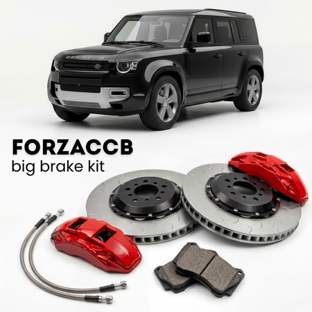Black Land Rover Defender L663) (2019+ (110) shown above a ForzaCCB iron rotor big brake kit with 2x red 6-piston front calipers, 2x two-piece floating ventilated brake discs 380 mm, set of brake pads, and brake lines.
