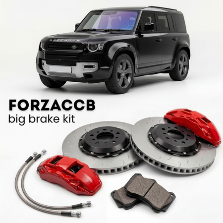 Black Land Rover Defender L663) (2022+ (130) shown above a ForzaCCB iron rotor big brake kit with 2x red 6-piston front calipers, 2x two-piece floating ventilated brake discs 380 mm, set of brake pads, and brake lines.
