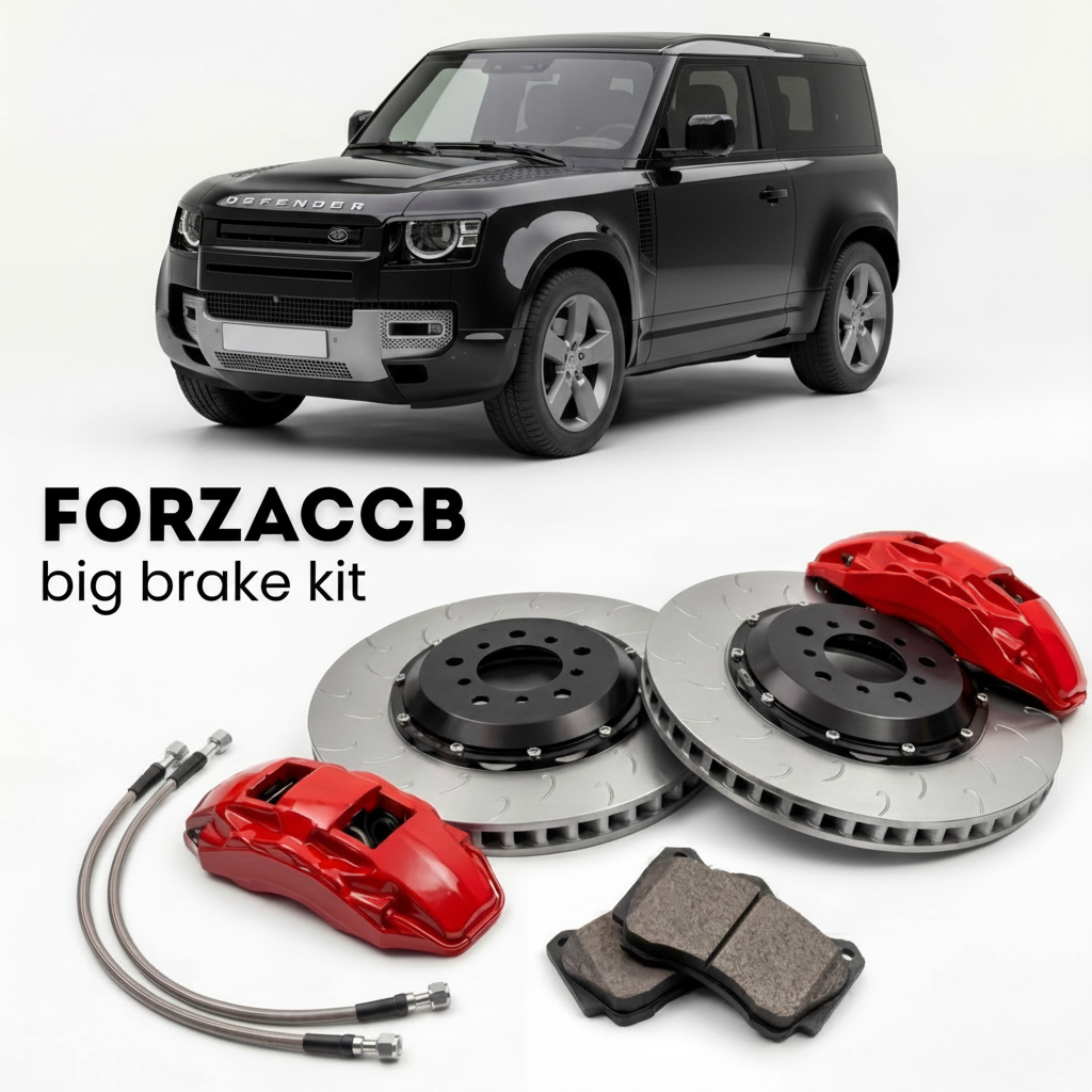 Black Land Rover Defender L663) (2020+ (90) shown above a ForzaCCB iron rotor big brake kit with 2x red 6-piston front calipers, 2x two-piece floating ventilated brake discs 380 mm, set of brake pads, and brake lines.
