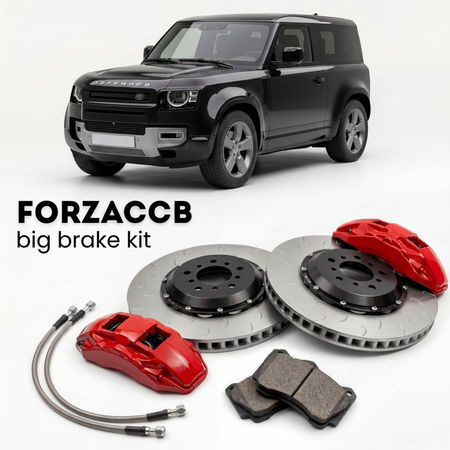 Black Land Rover Defender L663) (2020+ (90) shown above a ForzaCCB iron rotor big brake kit with 2x red 6-piston front calipers, 2x two-piece floating ventilated brake discs 380 mm, set of brake pads, and brake lines.