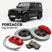 Black Land Rover Defender 90 Works V8 (2018-2019) shown above a ForzaCCB iron rotor big brake kit with 2x red 6-piston front calipers, 2x two-piece floating ventilated brake discs 380 mm, set of brake pads, and brake lines.