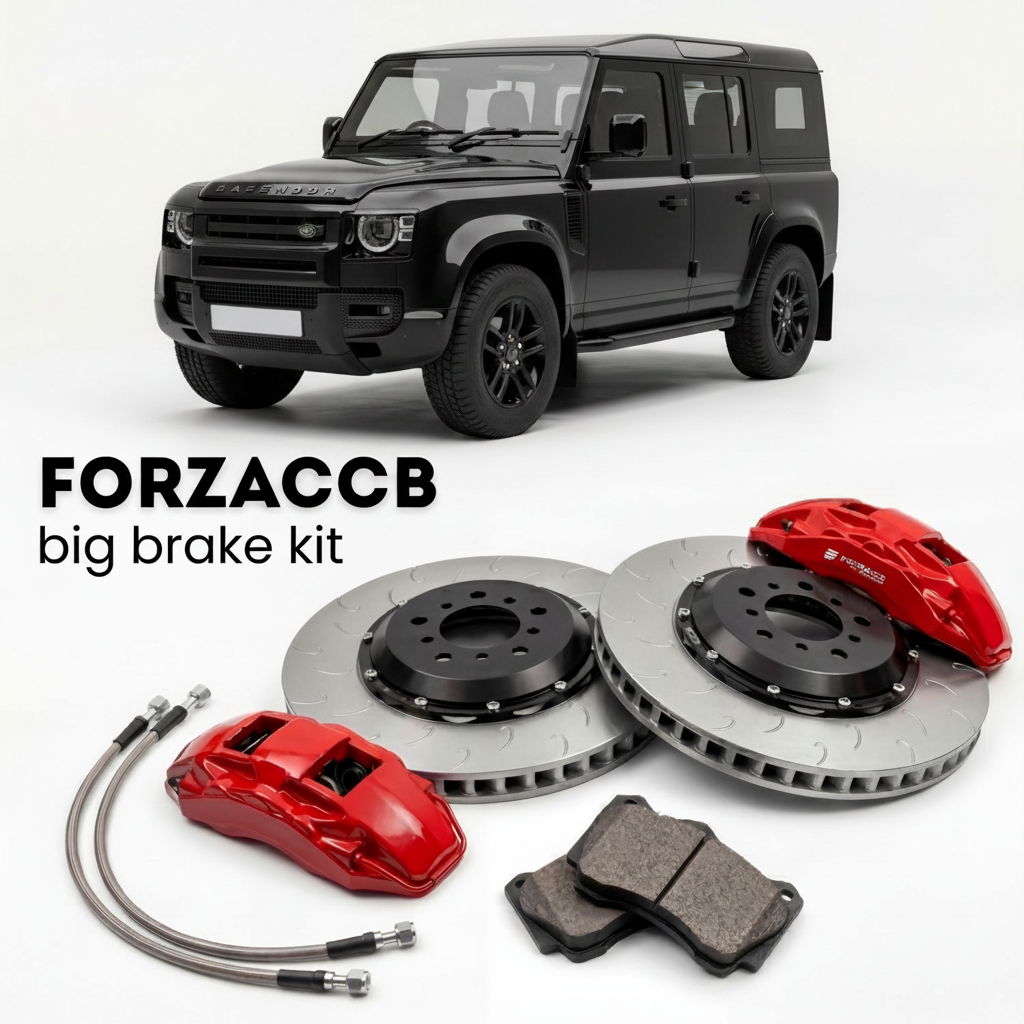Black Land Rover Defender 90 Works V8 (2018-2019) shown above a ForzaCCB iron rotor big brake kit with 2x red 6-piston front calipers, 2x two-piece floating ventilated brake discs 380 mm, set of brake pads, and brake lines.