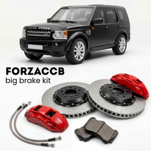 Black Land Rover Discovery III (2005-2009) shown above a ForzaCCB iron rotor big brake kit with 2x red 6-piston front calipers, 2x two-piece floating ventilated brake discs 380 mm, set of brake pads, and brake lines.