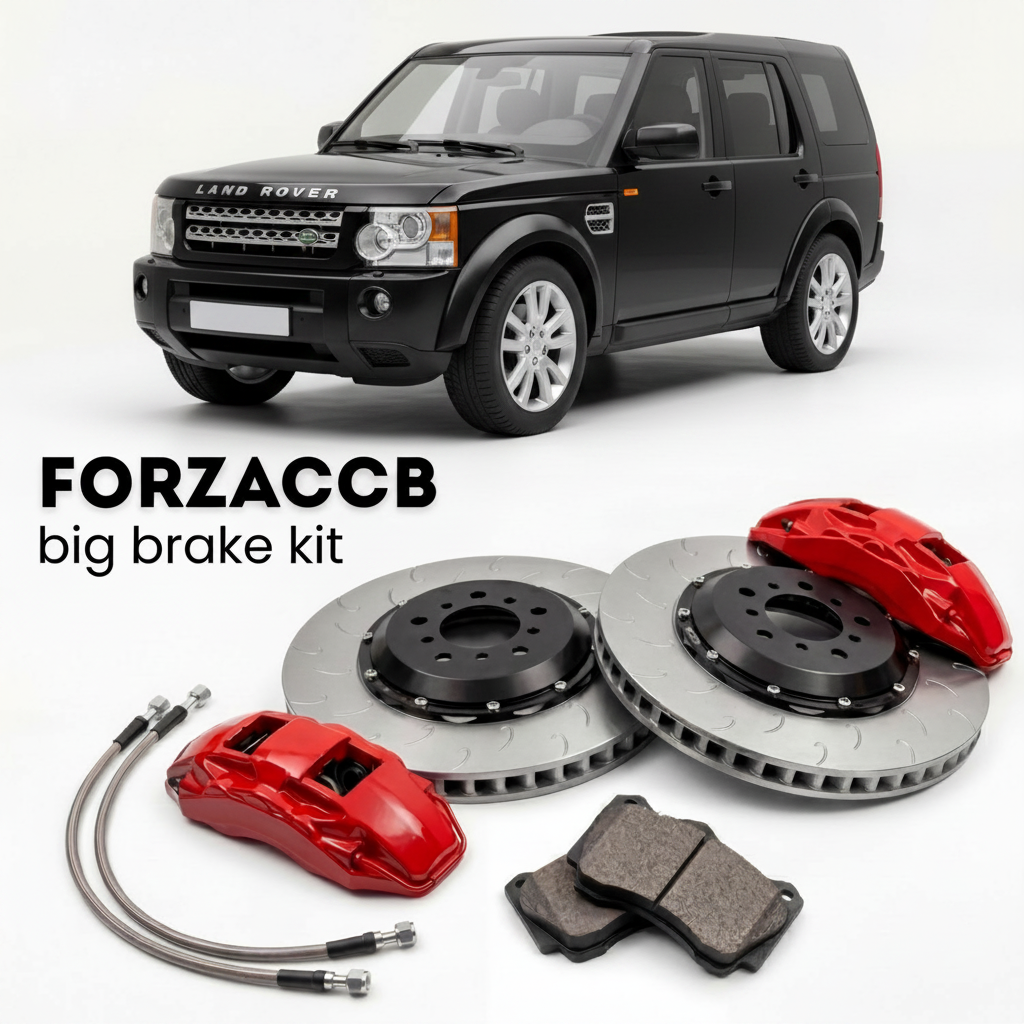 Black Land Rover Discovery III (2005-2009) shown above a ForzaCCB iron rotor big brake kit with 2x red 6-piston front calipers, 2x two-piece floating ventilated brake discs 380 mm, set of brake pads, and brake lines.