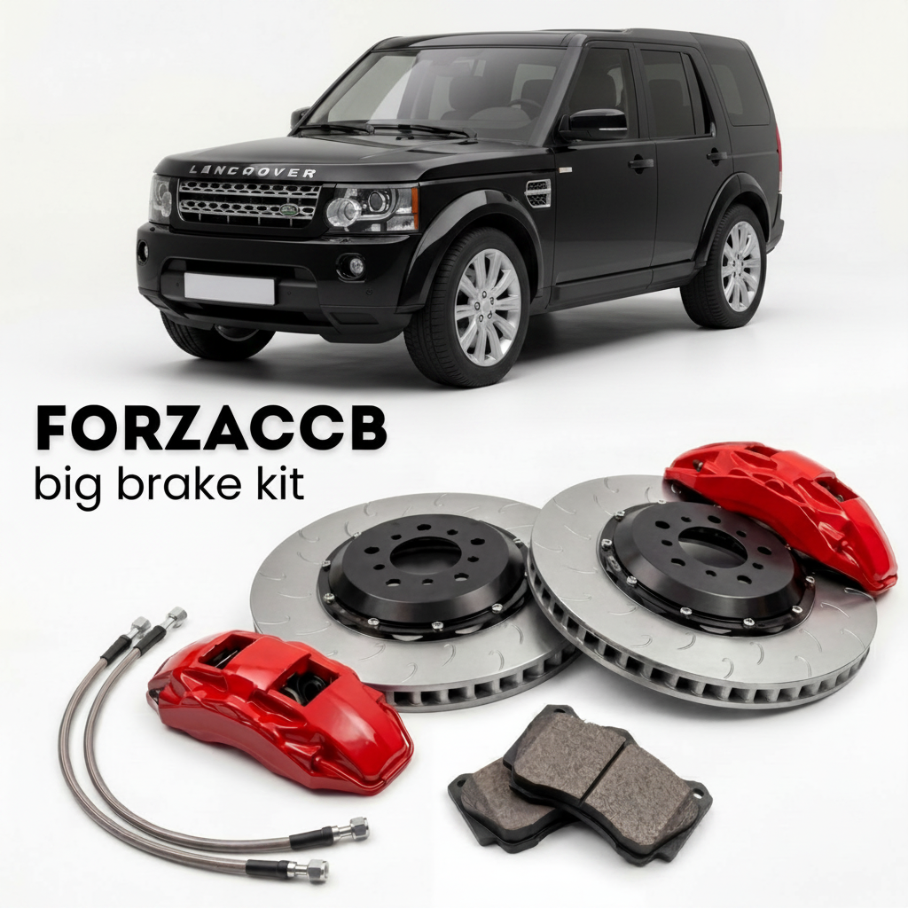 Black Land Rover Discovery IV (2009-2013) shown above a ForzaCCB iron rotor big brake kit with 2x red 6-piston front calipers, 2x two-piece floating ventilated brake discs 380 mm, set of brake pads, and brake lines.