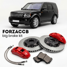 Black Land Rover Discovery facelift 2013) (2013-2017 (IV) shown above a ForzaCCB iron rotor big brake kit with 2x red 6-piston front calipers, 2x two-piece floating ventilated brake discs 380 mm, set of brake pads, and brake lines.