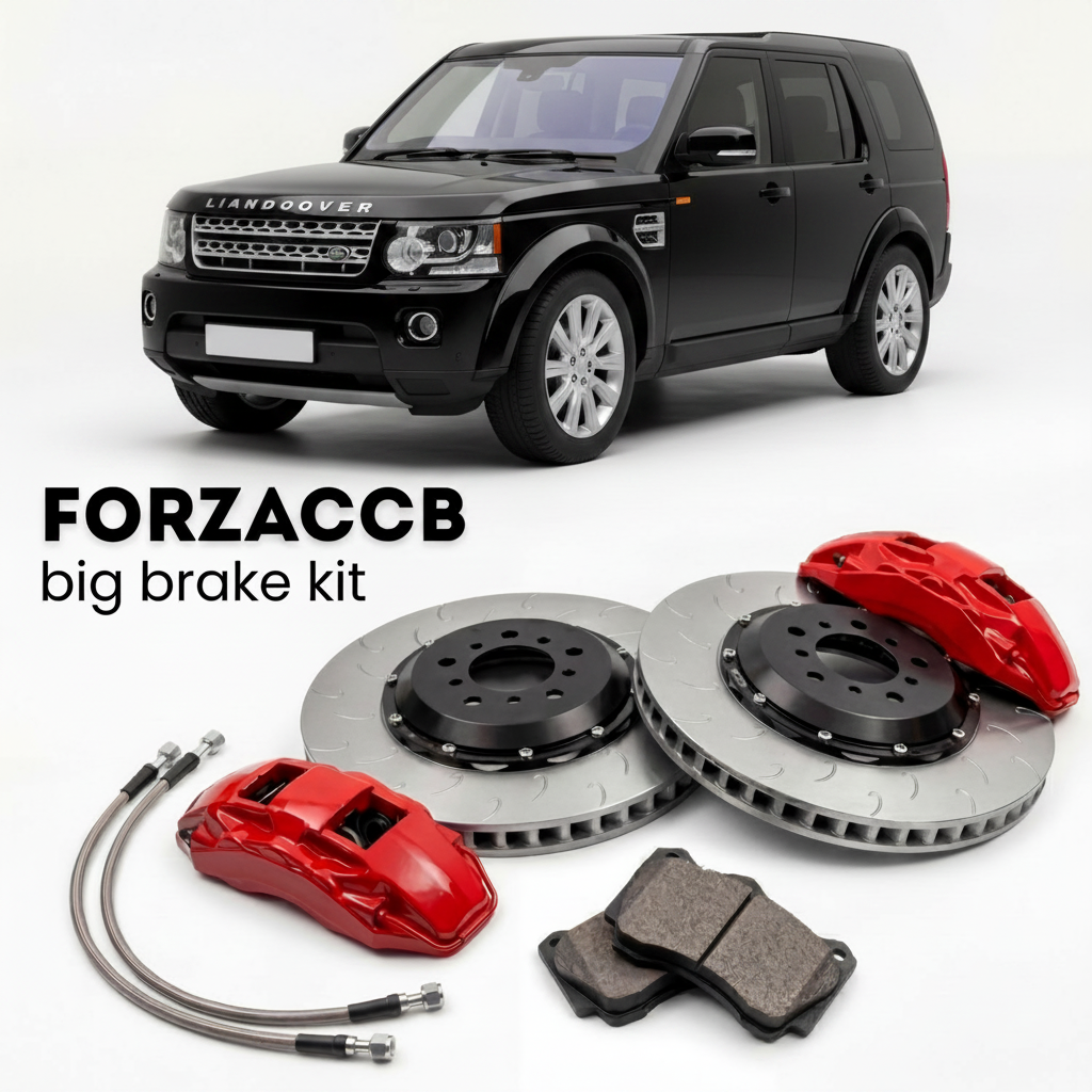 Black Land Rover Discovery facelift 2013) (2013-2017 (IV) shown above a ForzaCCB iron rotor big brake kit with 2x red 6-piston front calipers, 2x two-piece floating ventilated brake discs 380 mm, set of brake pads, and brake lines.