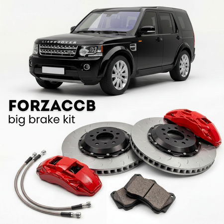 Black Land Rover Discovery facelift 2013) (2013-2017 (IV) shown above a ForzaCCB iron rotor big brake kit with 2x red 6-piston front calipers, 2x two-piece floating ventilated brake discs 380 mm, set of brake pads, and brake lines.