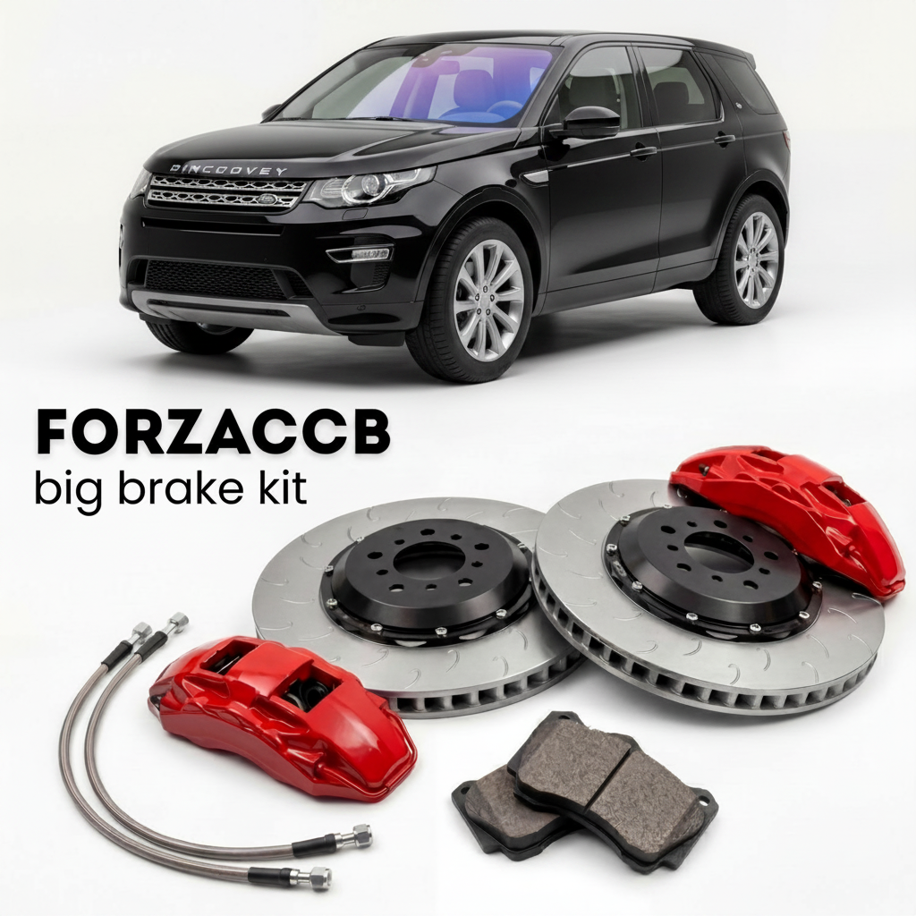 Black Land Rover Discovery Sport (2014-2019) shown above a ForzaCCB iron rotor big brake kit with 2x red 6-piston front calipers, 2x two-piece floating ventilated brake discs 380 mm, set of brake pads, and brake lines.