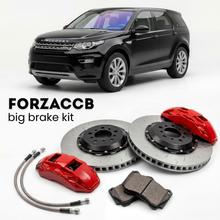 Black Land Rover Discovery Sport (2014-2019) shown above a ForzaCCB iron rotor big brake kit with 2x red 6-piston front calipers, 2x two-piece floating ventilated brake discs 380 mm, set of brake pads, and brake lines.