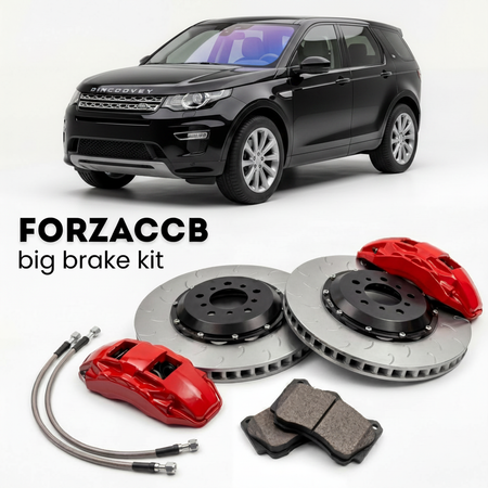 Black Land Rover Discovery Sport (2014-2019) shown above a ForzaCCB iron rotor big brake kit with 2x red 6-piston front calipers, 2x two-piece floating ventilated brake discs 380 mm, set of brake pads, and brake lines.