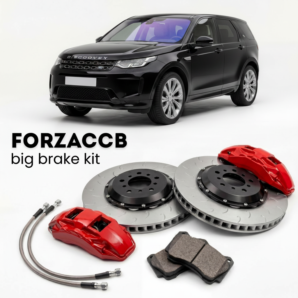 Black Land Rover Discovery Sport facelift 2019 (2019+) shown above a ForzaCCB iron rotor big brake kit with 2x red 6-piston front calipers, 2x two-piece floating ventilated brake discs 380 mm, set of brake pads, and brake lines.