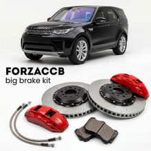 Black Land Rover Discovery V (2017-2020) shown above a ForzaCCB iron rotor big brake kit with 2x red 6-piston front calipers, 2x two-piece floating ventilated brake discs 380 mm, set of brake pads, and brake lines.