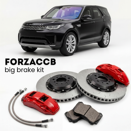 Black Land Rover Discovery V (2017-2020) shown above a ForzaCCB iron rotor big brake kit with 2x red 6-piston front calipers, 2x two-piece floating ventilated brake discs 380 mm, set of brake pads, and brake lines.