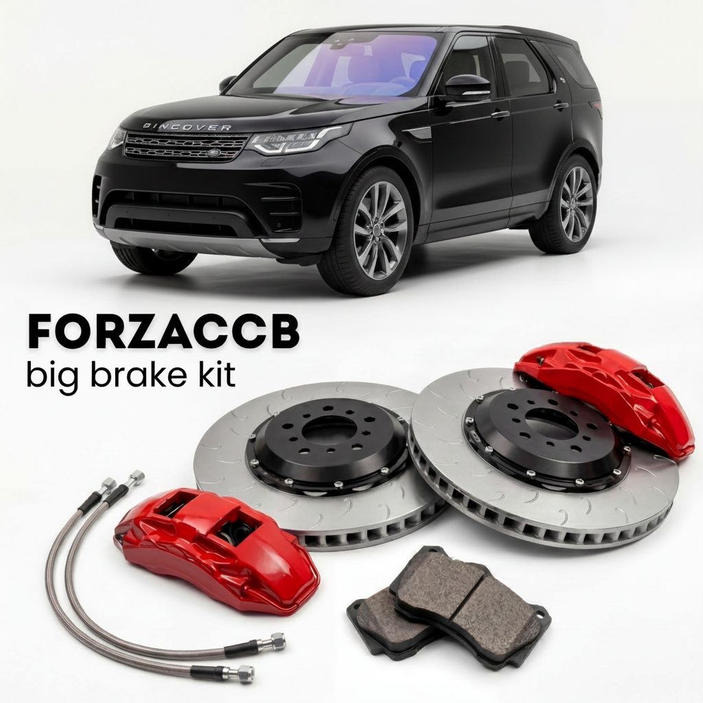 Black Land Rover Discovery facelift 2020) (2020+ (V) shown above a ForzaCCB iron rotor big brake kit with 2x red 6-piston front calipers, 2x two-piece floating ventilated brake discs 380 mm, set of brake pads, and brake lines.