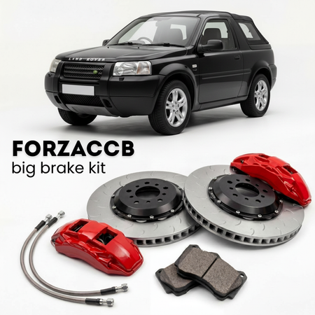 Black Land Rover Freelander I Soft Top (2005-2006) shown above a ForzaCCB iron rotor big brake kit with 2x red 6-piston front calipers, 2x two-piece floating ventilated brake discs 380 mm, set of brake pads, and brake lines.