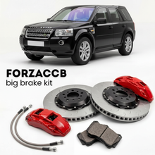 Black Land Rover Freelander II (2006-2010) shown above a ForzaCCB iron rotor big brake kit with 2x red 6-piston front calipers, 2x two-piece floating ventilated brake discs 380 mm, set of brake pads, and brake lines.