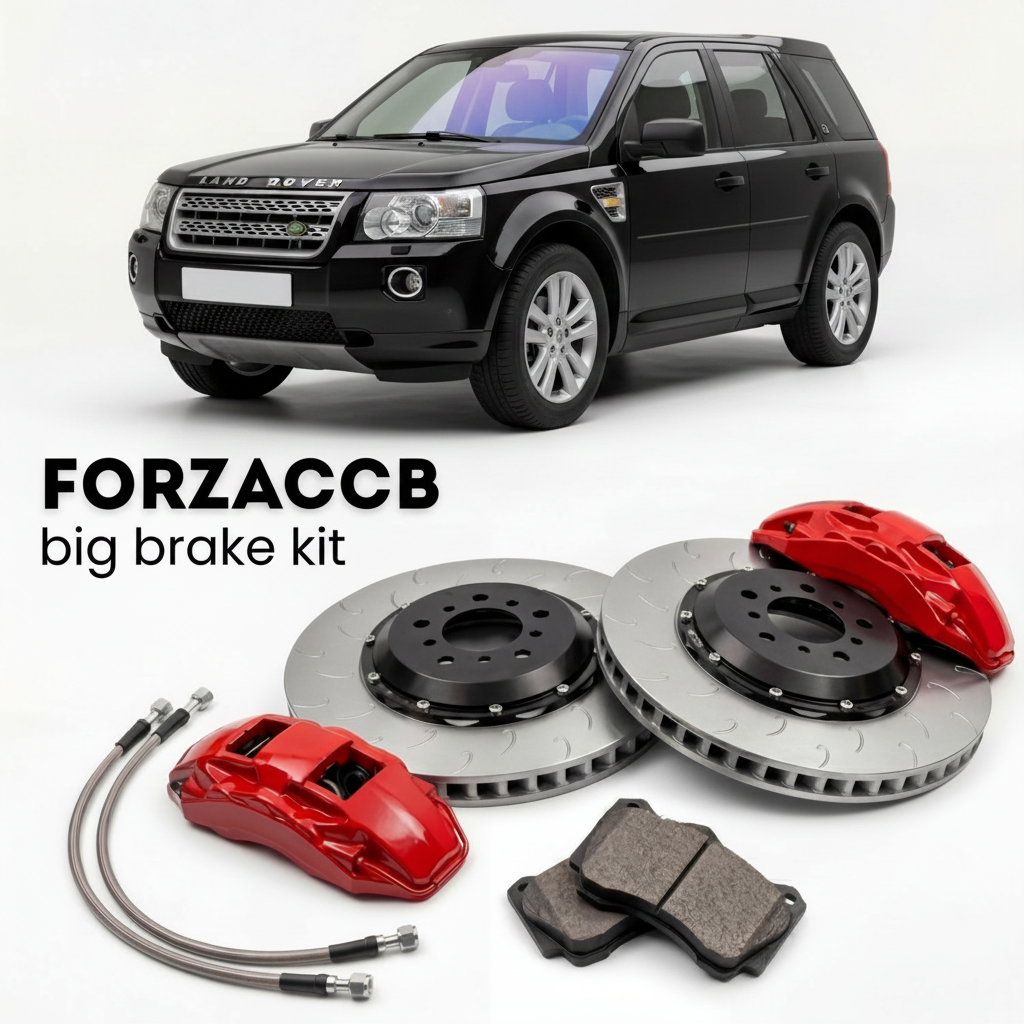 Black Land Rover Freelander II (2006-2010) shown above a ForzaCCB iron rotor big brake kit with 2x red 6-piston front calipers, 2x two-piece floating ventilated brake discs 380 mm, set of brake pads, and brake lines.