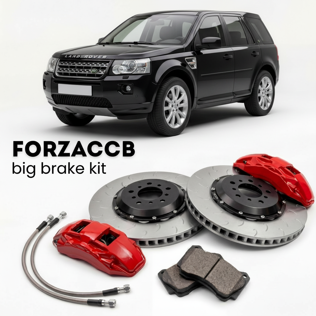 Black Land Rover Freelander facelift 2010) (2010-2012 (II) shown above a ForzaCCB iron rotor big brake kit with 2x red 6-piston front calipers, 2x two-piece floating ventilated brake discs 380 mm, set of brake pads, and brake lines.