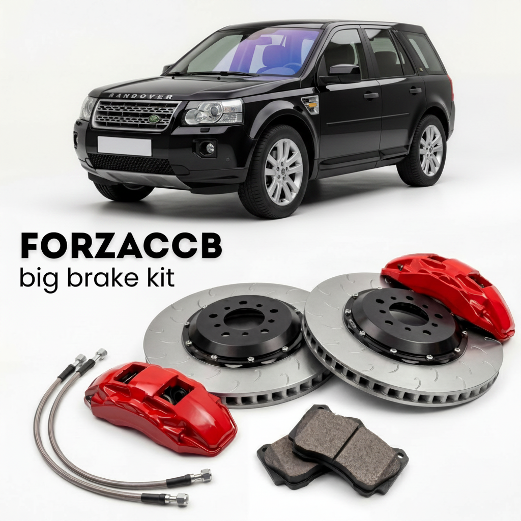 Black Land Rover Freelander facelift 2012) (2012-2014 (II) shown above a ForzaCCB iron rotor big brake kit with 2x red 6-piston front calipers, 2x two-piece floating ventilated brake discs 380 mm, set of brake pads, and brake lines.