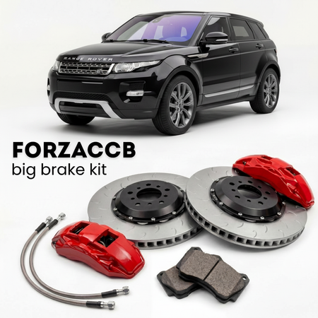 Black Land Rover Range Rover Evoque I (2012-2015) shown above a ForzaCCB iron rotor big brake kit with 2x red 6-piston front calipers, 2x two-piece floating ventilated brake discs 380 mm, set of brake pads, and brake lines.