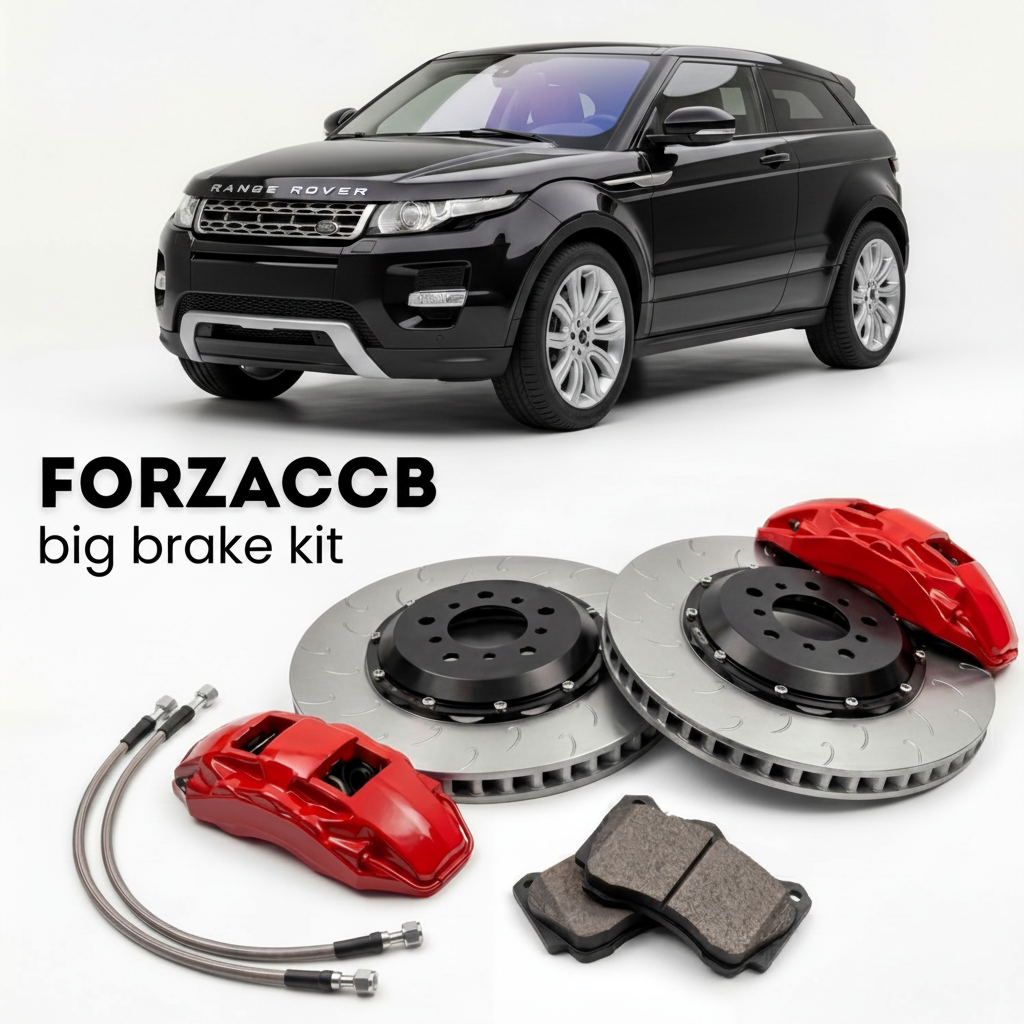 Black Land Rover Range Rover Evoque I coupe (2012-2015) shown above a ForzaCCB iron rotor big brake kit with 2x red 6-piston front calipers, 2x two-piece floating ventilated brake discs 380 mm, set of brake pads, and brake lines.