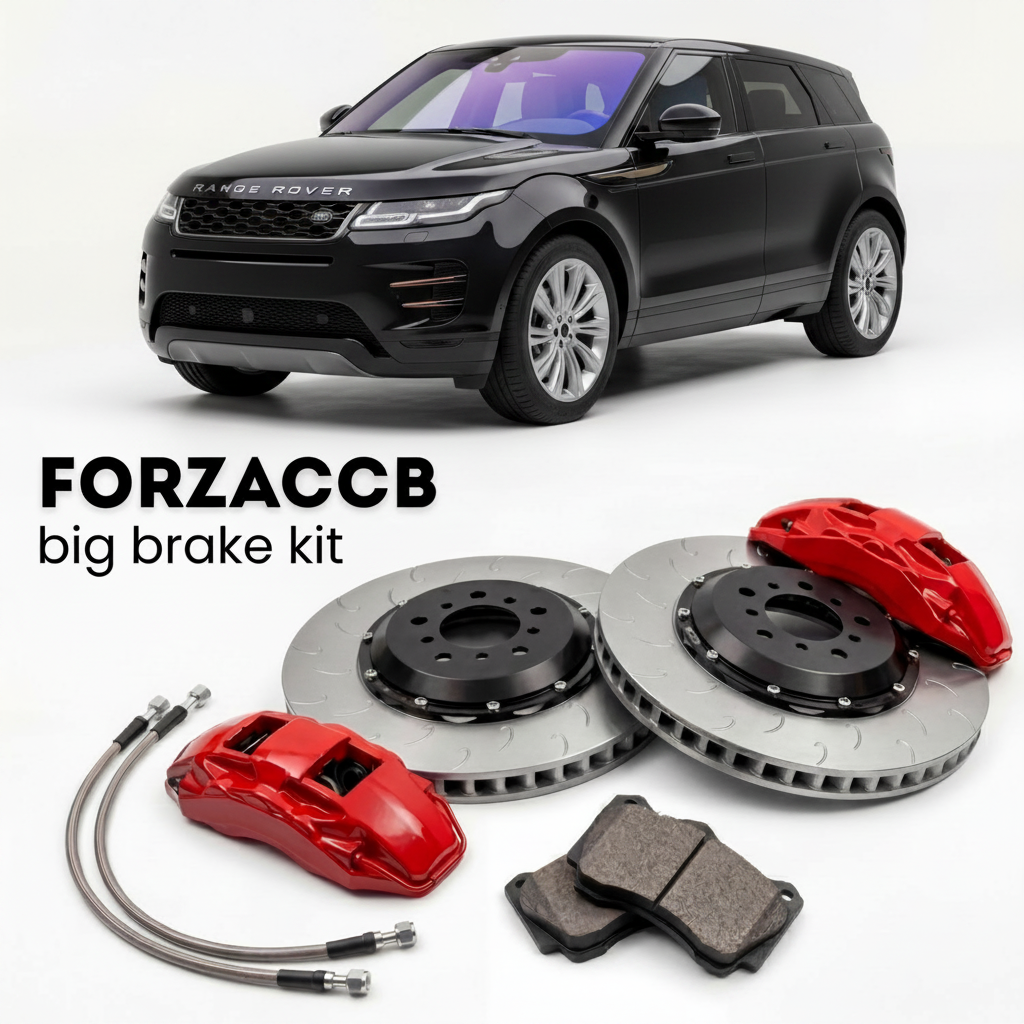 Black Land Rover Range Rover Evoque II (2019-2023) shown above a ForzaCCB iron rotor big brake kit with 2x red 6-piston front calipers, 2x two-piece floating ventilated brake discs 380 mm, set of brake pads, and brake lines.