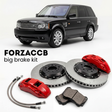 Black Land Rover Range Rover III (2005-2005) shown above a ForzaCCB iron rotor big brake kit with 2x red 6-piston front calipers, 2x two-piece floating ventilated brake discs 380 mm, set of brake pads, and brake lines.