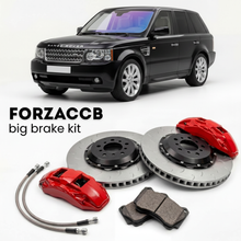 Black Land Rover Range Rover facelift 2005) (2005-2009 (III) shown above a ForzaCCB iron rotor big brake kit with 2x red 6-piston front calipers, 2x two-piece floating ventilated brake discs 380 mm, set of brake pads, and brake lines.