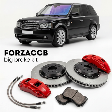 Black Land Rover Range Rover facelift 2005) (2005-2009 (III) shown above a ForzaCCB iron rotor big brake kit with 2x red 6-piston front calipers, 2x two-piece floating ventilated brake discs 380 mm, set of brake pads, and brake lines.