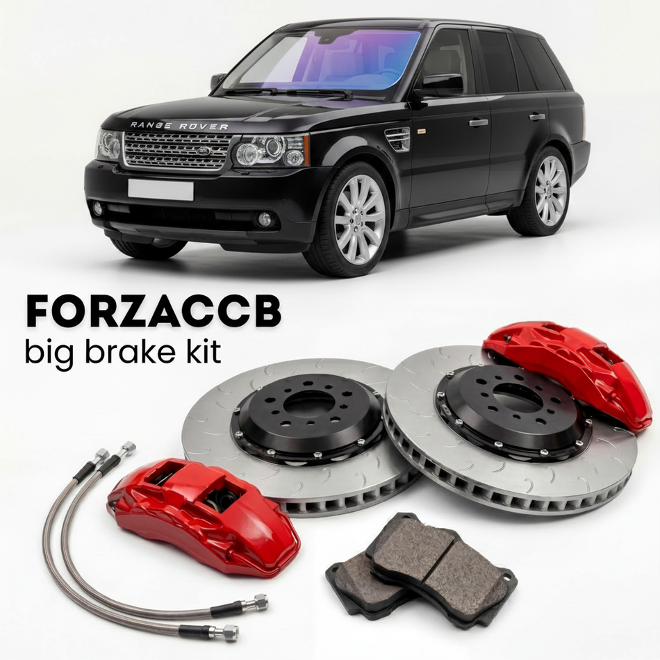 Black Land Rover Range Rover facelift 2005) (2005-2009 (III) shown above a ForzaCCB iron rotor big brake kit with 2x red 6-piston front calipers, 2x two-piece floating ventilated brake discs 380 mm, set of brake pads, and brake lines.