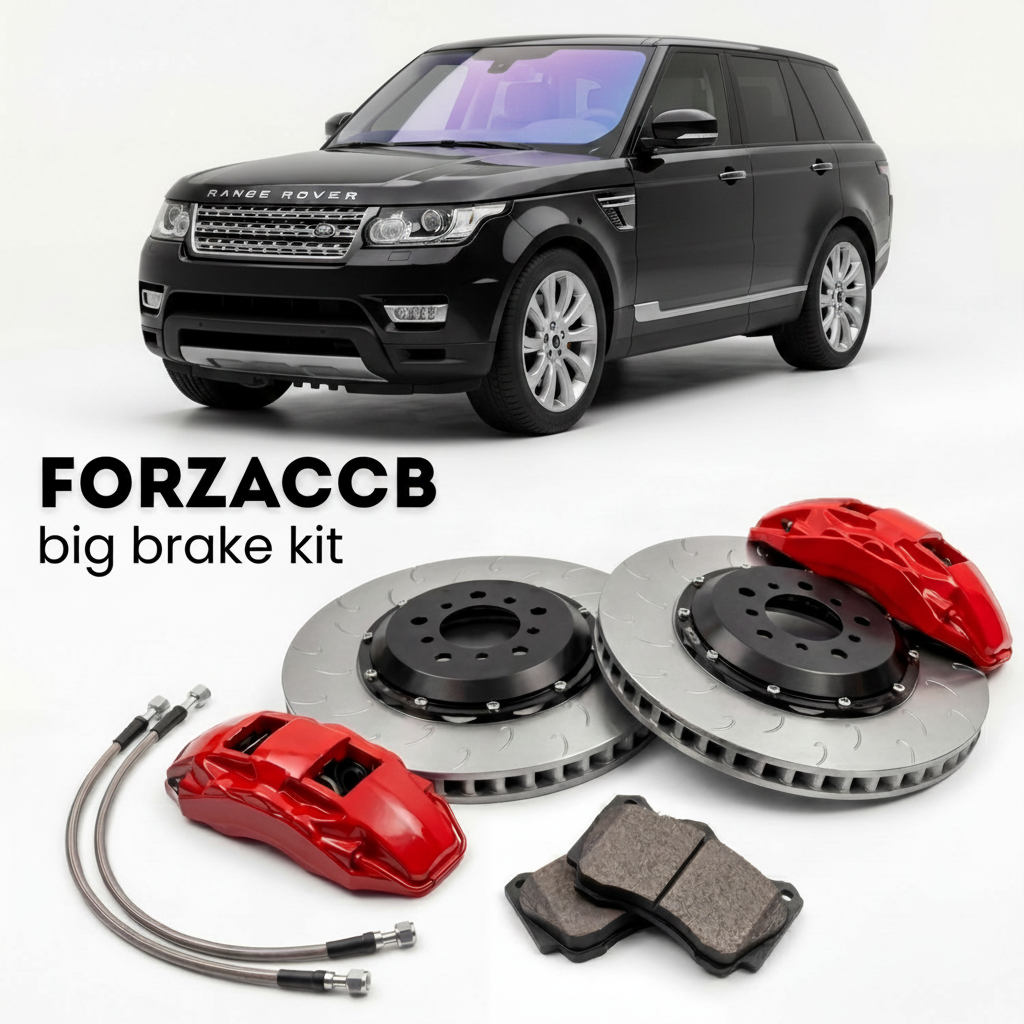 Black Land Rover Range Rover facelift 2009) (2009-2012 (III) shown above a ForzaCCB iron rotor big brake kit with 2x red 6-piston front calipers, 2x two-piece floating ventilated brake discs 380 mm, set of brake pads, and brake lines.