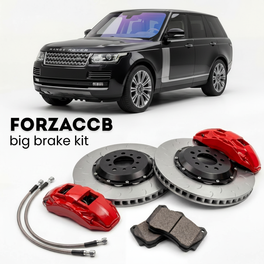 Black Land Rover Range Rover IV (2012-2017) shown above a ForzaCCB iron rotor big brake kit with 2x red 6-piston front calipers, 2x two-piece floating ventilated brake discs 380 mm, set of brake pads, and brake lines.