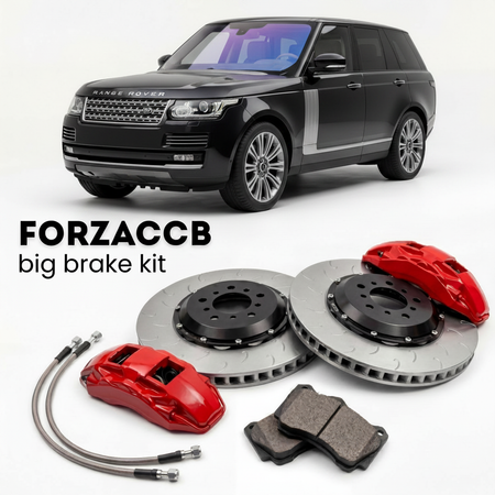 Black Land Rover Range Rover IV (2012-2017) shown above a ForzaCCB iron rotor big brake kit with 2x red 6-piston front calipers, 2x two-piece floating ventilated brake discs 380 mm, set of brake pads, and brake lines.