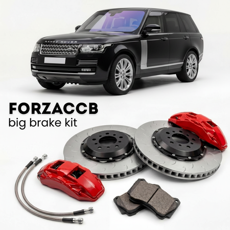 Black Land Rover Range Rover IV Long (2014-2017) shown above a ForzaCCB iron rotor big brake kit with 2x red 6-piston front calipers, 2x two-piece floating ventilated brake discs 380 mm, set of brake pads, and brake lines.