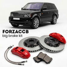 Black Land Rover Range Rover Sport I (2005-2009) shown above a ForzaCCB iron rotor big brake kit with 2x red 6-piston front calipers, 2x two-piece floating ventilated brake discs 380 mm, set of brake pads, and brake lines.