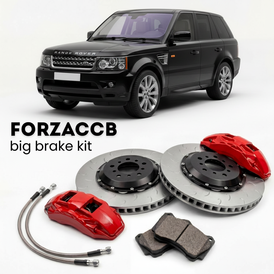 Black Land Rover Range Rover Sport I (2005-2009) shown above a ForzaCCB iron rotor big brake kit with 2x red 6-piston front calipers, 2x two-piece floating ventilated brake discs 380 mm, set of brake pads, and brake lines.