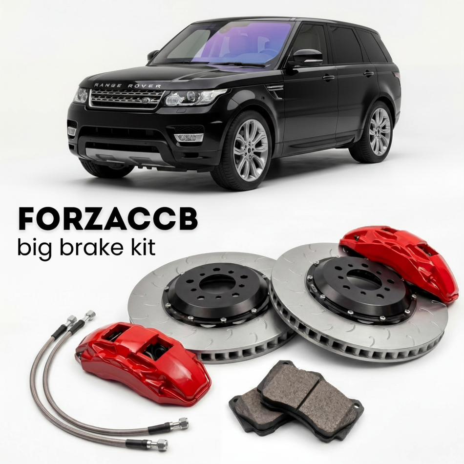 Black Land Rover Range Rover Sport facelift 2009) (2009-2013 (I) shown above a ForzaCCB iron rotor big brake kit with 2x red 6-piston front calipers, 2x two-piece floating ventilated brake discs 380 mm, set of brake pads, and brake lines.