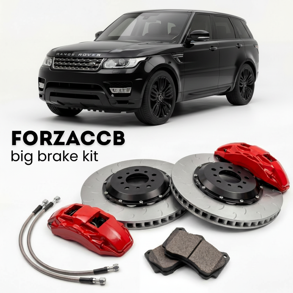 Black Land Rover Range Rover Sport II (2013-2017) shown above a ForzaCCB iron rotor big brake kit with 2x red 6-piston front calipers, 2x two-piece floating ventilated brake discs 380 mm, set of brake pads, and brake lines.