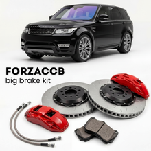 Black Land Rover Range Rover Sport facelift 2017) (2017-2022 (II) shown above a ForzaCCB iron rotor big brake kit with 2x red 6-piston front calipers, 2x two-piece floating ventilated brake discs 380 mm, set of brake pads, and brake lines.