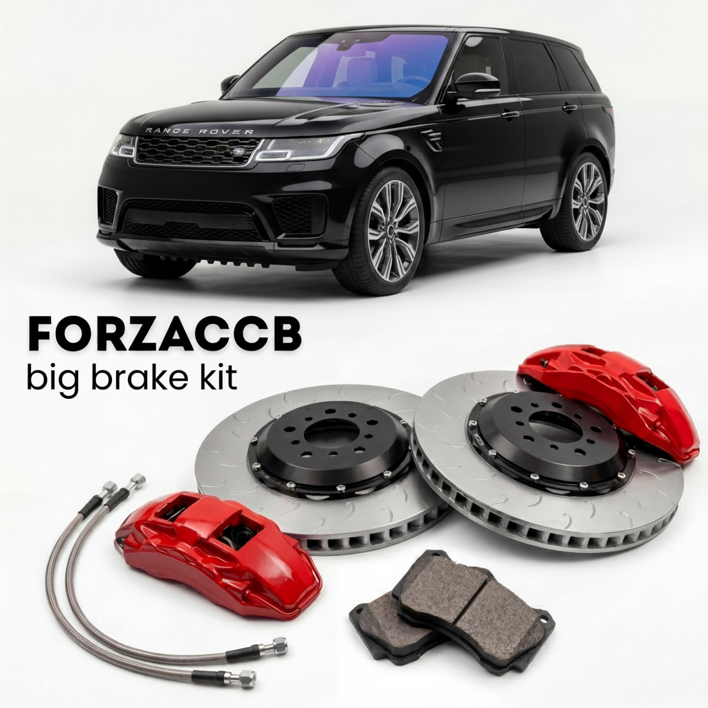 Black Land Rover Range Rover Sport III (2022+) shown above a ForzaCCB iron rotor big brake kit with 2x red 6-piston front calipers, 2x two-piece floating ventilated brake discs 380 mm, set of brake pads, and brake lines.