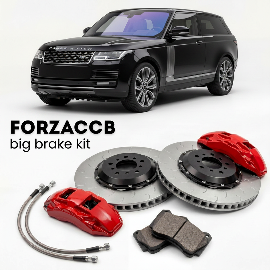 Black Land Rover Range Rover SV coupe (2018-2019) shown above a ForzaCCB iron rotor big brake kit with 2x red 6-piston front calipers, 2x two-piece floating ventilated brake discs 380 mm, set of brake pads, and brake lines.