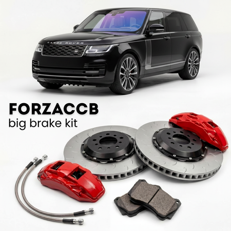 Black Land Rover Range Rover V LWB (2021+) shown above a ForzaCCB iron rotor big brake kit with 2x red 6-piston front calipers, 2x two-piece floating ventilated brake discs 380 mm, set of brake pads, and brake lines.