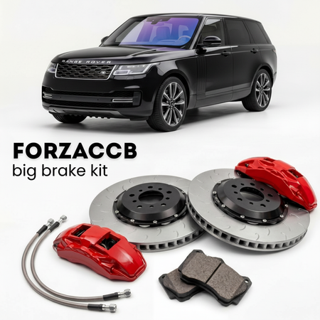 Black Land Rover Range Rover V SWB (2021+) shown above a ForzaCCB iron rotor big brake kit with 2x red 6-piston front calipers, 2x two-piece floating ventilated brake discs 380 mm, set of brake pads, and brake lines.