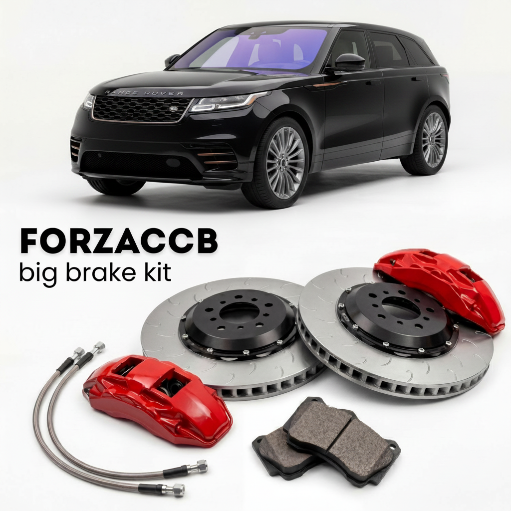 Black Land Rover Range Rover Velar (2017-2020) shown above a ForzaCCB iron rotor big brake kit with 2x red 6-piston front calipers, 2x two-piece floating ventilated brake discs 380 mm, set of brake pads, and brake lines.